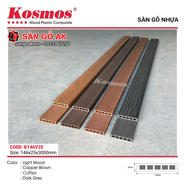 Sàn gỗ nhựa ngoài trời Kosmos lỗ vuông K146V25X3M Copper Brown